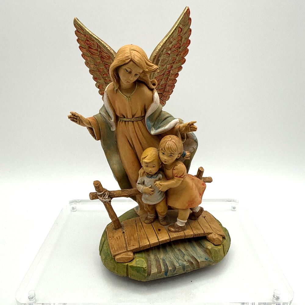 Vintage Fontanini Guardian Angel with Children on Bridge Depose Italy 374 1989